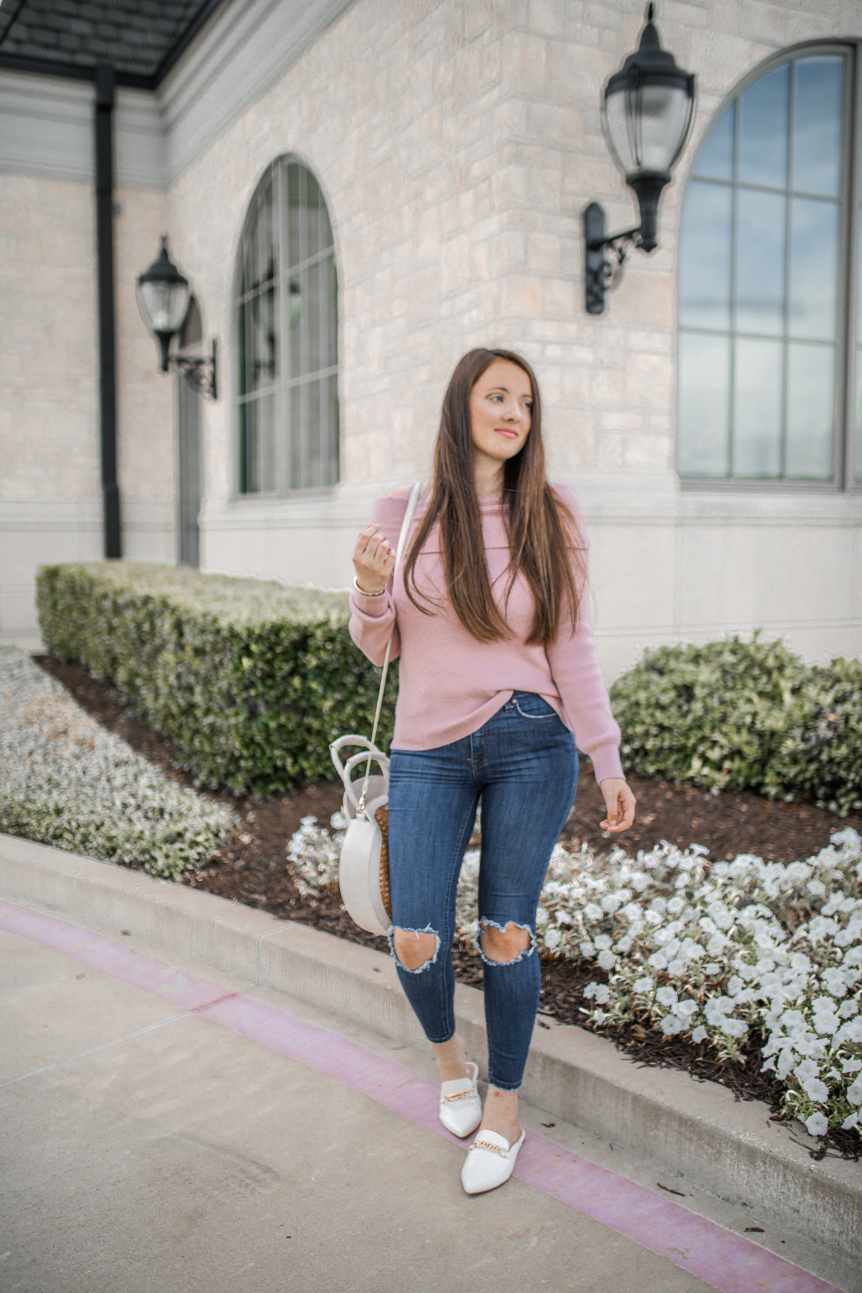 #NSALE: Off-The-Shoulder Pink Sweater & White Leather Mules